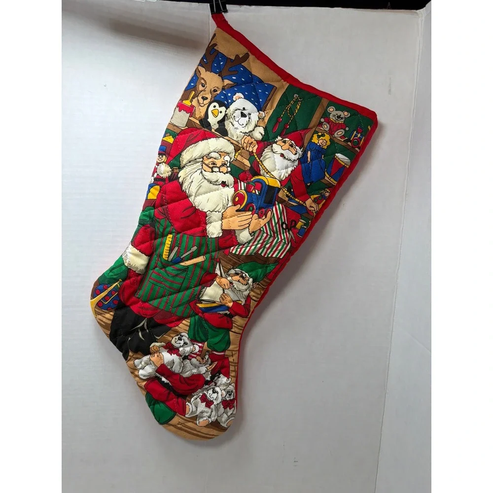 Vintage 80/90s Christmas Stocking Multicolor Santa Workshop Quilted 18